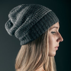 Knitted Beanie Women Hat Merino Wool Beanie Grey Color Winter Hat Slouchy Hat image 1