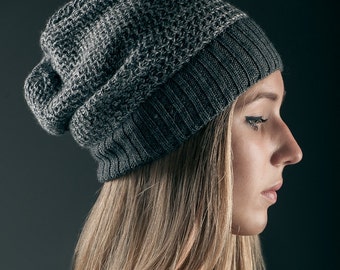 Knitted Beanie Women Hat Merino Wool Beanie Grey Color Winter Hat Slouchy Hat