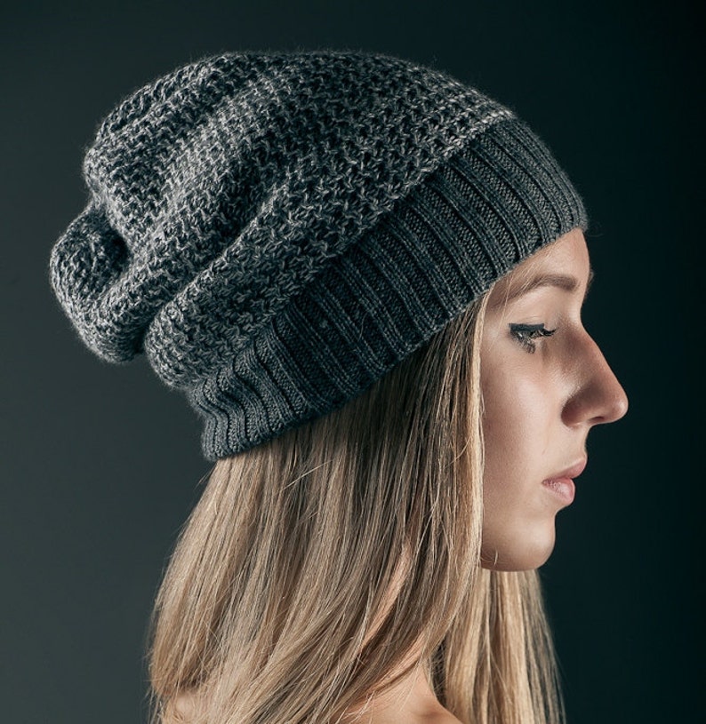 Knitted Beanie Women Hat Merino Wool Beanie Grey Color Winter Hat Slouchy Hat image 1