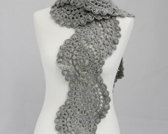 Grey Color Crocheted Scarf, Laces Scarf, Wool Grey Scarf, Bohemian Scarf, Extra Long Crocheted Scarf