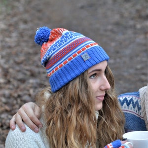 Knitted Merino Wool Beanie, Colorful Slouchy Hat, Unisex hat, Cap with ponpon, Bright colors knitted beanie