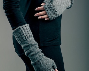 knitted merino wool long fingerless color dark grey