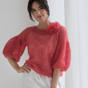 Mohair sweater coral color, Mohair pullover with puffy sleeves coral color, Lightweight sweater, Wedding mohair sweater coral color image 2