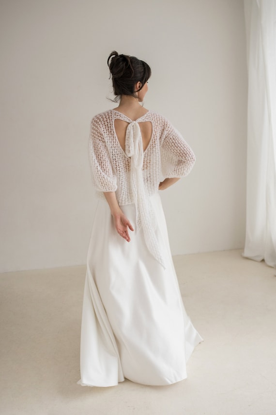 White Mohair Silk Wedding Sweater, Bridal Lace Pullover, Snow White Mohair Sweater With Balloon Sleeves, Open Back Bridal Sweater