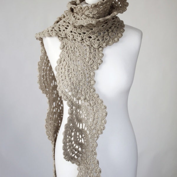 Crocheted lace scarf color latte