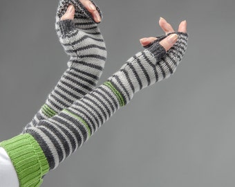 merino wool long striped fingerless color grey