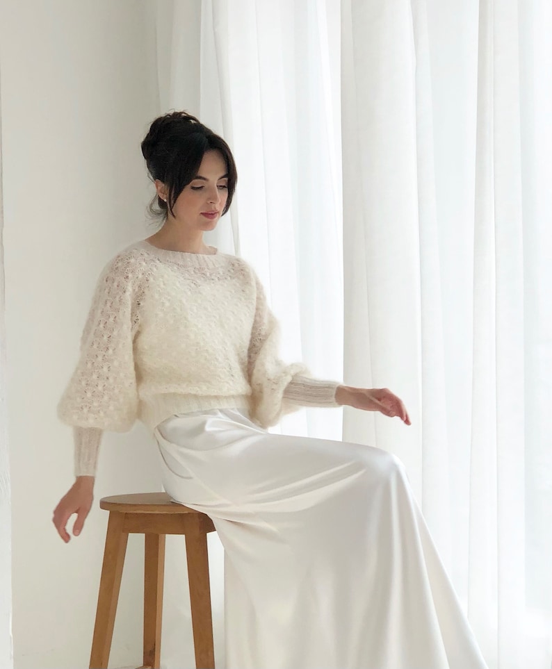 Off white mohair wedding sweater, ivory bridal silk mohair jumper, puff sleeves mohair sweater, mohair ivory cover up image 3