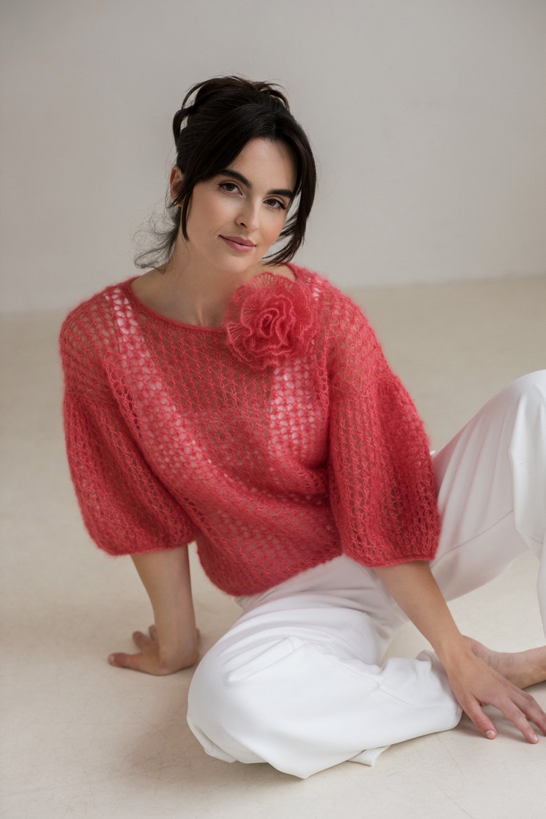 Pull de mariage en mohair couleur ivoire, pull de mariée léger, pull d'été en mohair coral