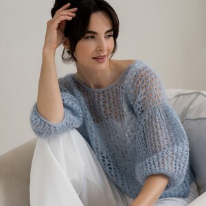 Handmade Grey color mohair sweater, Silk mohair pullover with puffy sleeves, Lightweight sweater, Bridal sweater sky blue