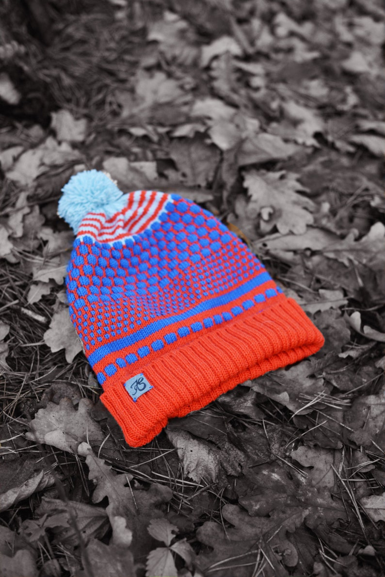 Knitted Merino Wool Beanie Gift for him Colorful Slouchy Hat Bright colors knitted beanie Cap with ponpon Beanie for men Unisex hat