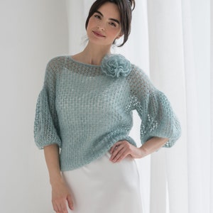 Handmade Grey color mohair sweater, Silk mohair pullover with puffy sleeves, Lightweight sweater, Bridal sweater dusty mint