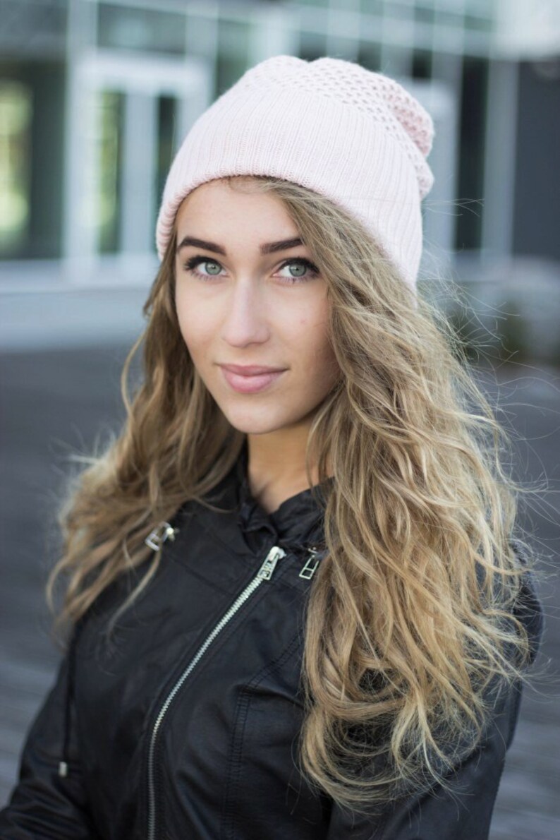 Knitted Cashmere Beanie Slouchy Hat Color Dusty Rose Pink Etsy