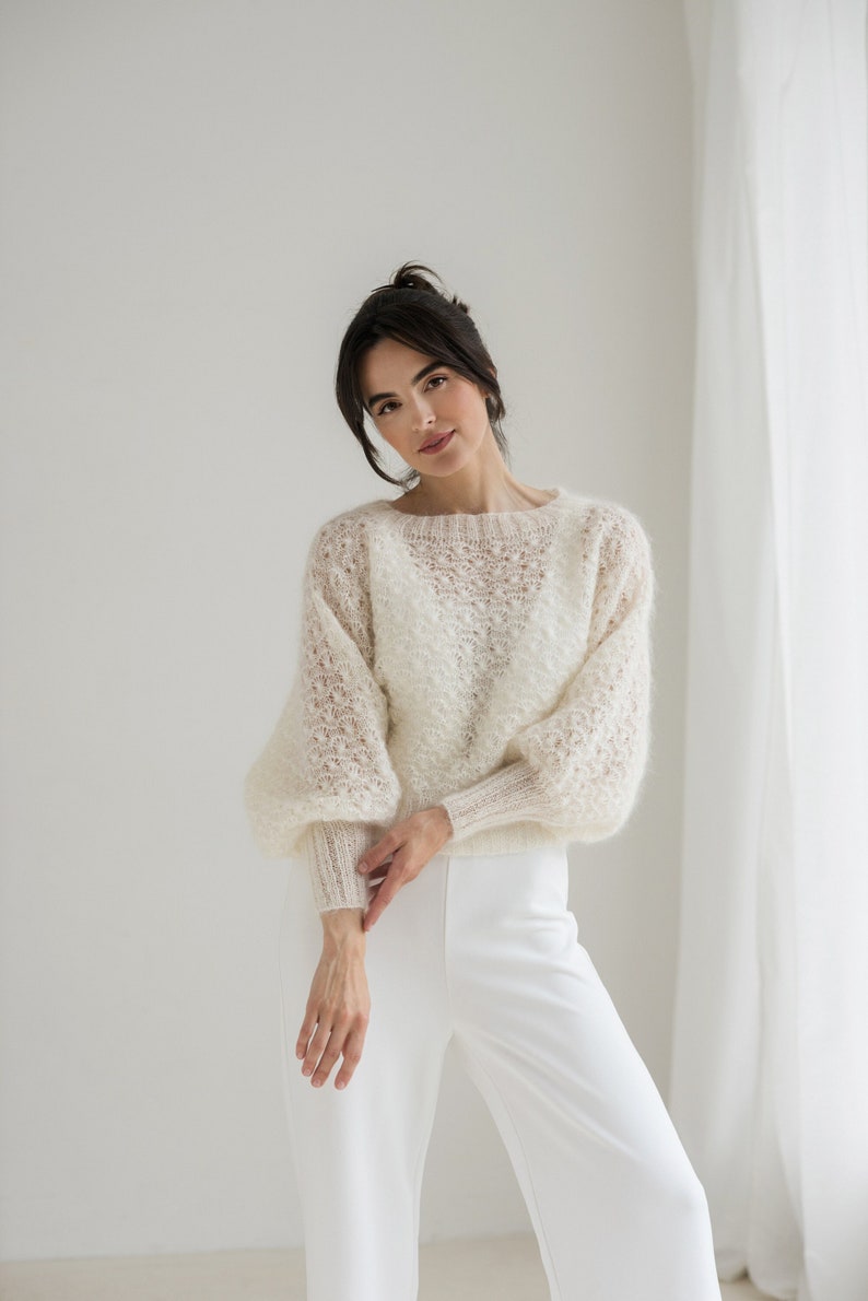 Off white mohair wedding sweater, ivory bridal silk mohair jumper, puff sleeves mohair sweater, mohair ivory cover up image 5