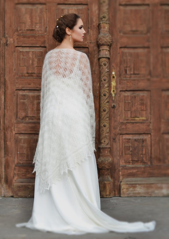 Wedding knitted lace shawl in mohair and silk yarn color ivory