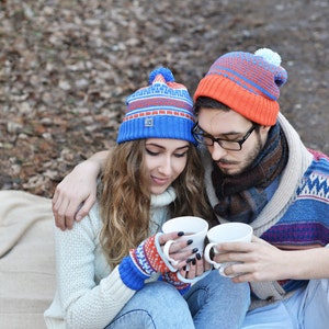 Knitted Merino Wool Beanie, Colorful Slouchy Hat, Unisex hat, Gift for him, Beanie for men, Cap with ponpon, Bright colors knitted beanie image 2