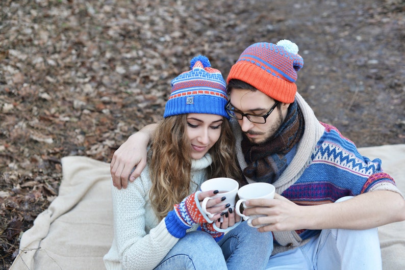 Knitted Merino Wool Beanie, Colorful Slouchy Hat, Unisex hat, Gift for him, Beanie for men, Cap with ponpon, Bright colors knitted beanie image 2