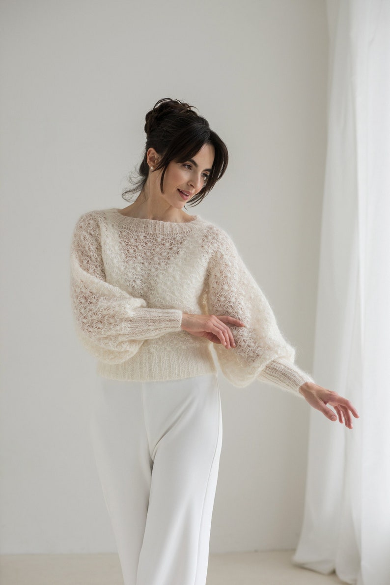 Ivory color mohair sweater.Silk mohair wedding off white sweater with puff sleeves and floral pattern.