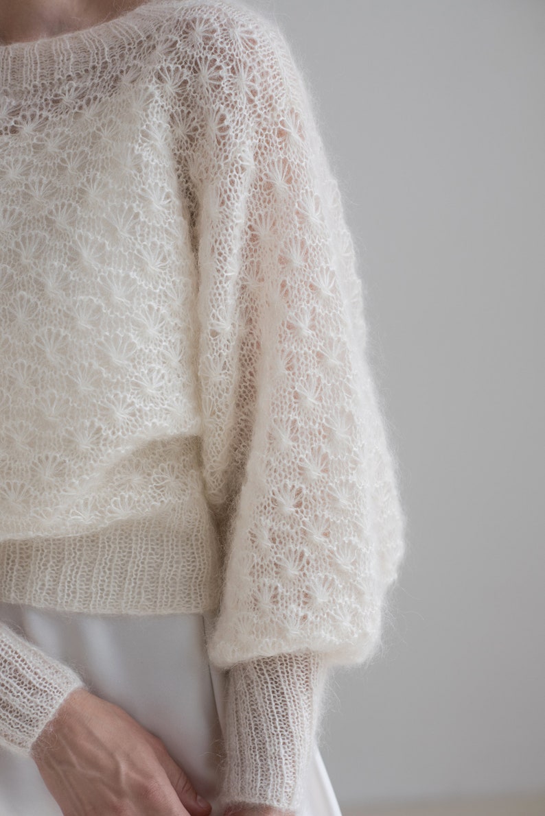 Off white mohair wedding sweater, ivory bridal silk mohair jumper, puff sleeves mohair sweater, mohair ivory cover up image 6