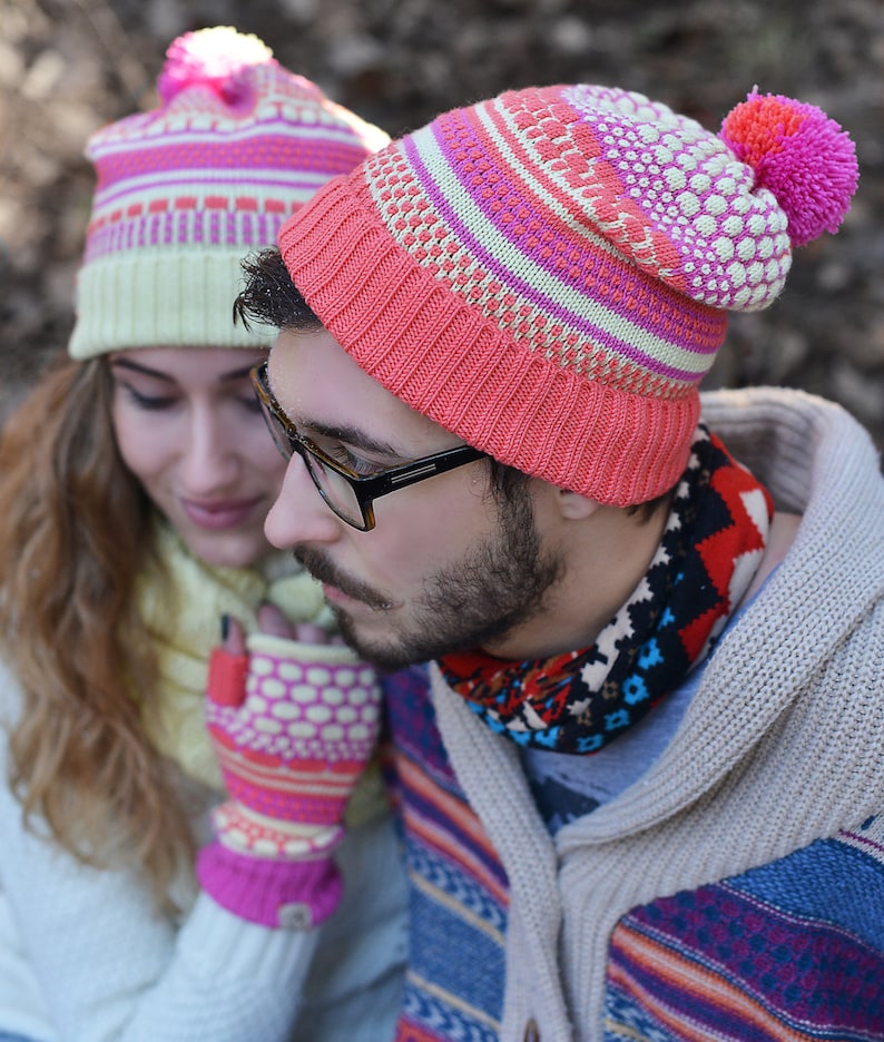 Colorful hat Maching hats for her and him Knitted merino wool caps Two Knitted Beanies Valentines gift Cute Love Couples Caps