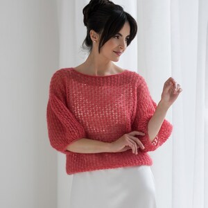 Mohair sweater coral color, Mohair pullover with puffy sleeves coral color, Lightweight sweater, Wedding mohair sweater coral color image 4