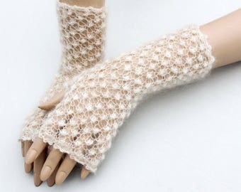 Handknitted laces wedding fingerless in silk and mohair yarn color ivory