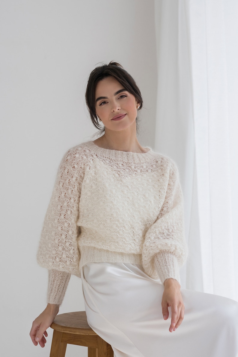 Off white mohair wedding sweater, ivory bridal silk mohair jumper, puff sleeves mohair sweater, mohair ivory cover up image 4