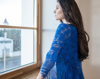 Chal de encaje de mohair tejido, chal azul, chal de novia de encaje, chal de boda de mohair con encaje, chal de encaje tejido, bufanda de encaje para mujer, abrigo de mohair