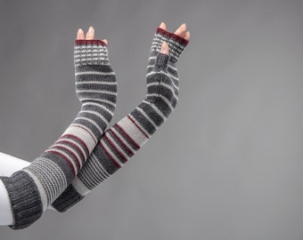 knitted merino wool long striped fingerless color grey