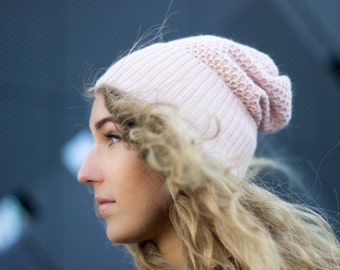 Knitted Cashmere Beanie Slouchy Hat Color Dusty Rose Pink