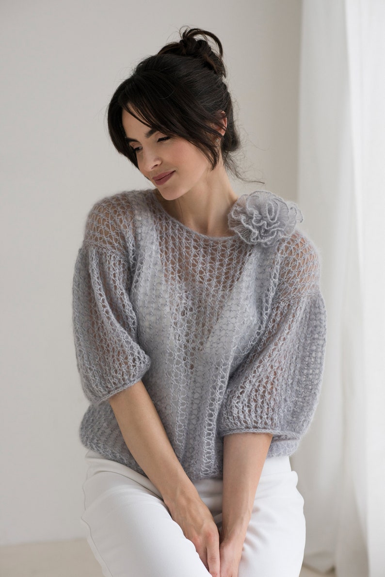 Handmade Grey color mohair sweater, Silk mohair pullover with puffy sleeves, Lightweight sweater, Bridal sweater image 1