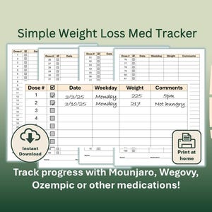 Op de afbeelding: Een printbare medicijn tracker voor gewichtsverlies met een eenvoudig ontwerp. De tracker bevat kolommen voor doseringsnummer, datum, dag van de week, gewicht en opmerkingen. De tracker is ontworpen om mensen te helpen hun voortgang te volgen met gewichtsverliesmedicijnen zoals Mounjaro, Wegovy en Ozempic.