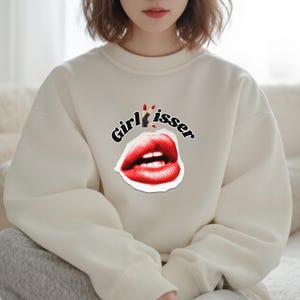 White LGBTQ+ Sapphic Pride Sweatshirt – Girl Kisser Retro Lips Pullover – Queer Streetwear for Lesbian, Bi, & WLW Fashion kismet brand