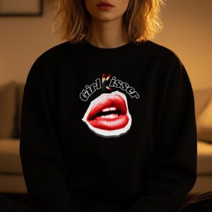 Black LGBTQ+ Sapphic Pride Sweatshirt – Girl Kisser Retro Lips Pullover – Queer Streetwear for Lesbian, Bi, & WLW Fashion sapphic romance