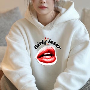 White LGBTQ+ Girl Kisser Hoodie – Sapphic Pride Sweatshirt – Queer Streetwear for WLW, Lesbian, Bi, & Alt Aesthetic Fashion trendy tee