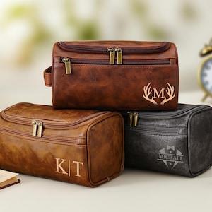 Personalized Toiletry Bag, Groomsmen Gifts-Leather Toiletry Bag for Anniversaries,Groomsmen or Him-Laser Engraved Leather Travel Kit-1