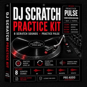 Puede incluir: Una caja negra para un kit de práctica de scratch de DJ, con el texto "DJ Scratch Practice Kit" en blanco y rojo. El kit incluye 8 sonidos de scratch, práctica de pulso y audio profesional. La imagen muestra un tocadiscos y una mesa de mezclas.