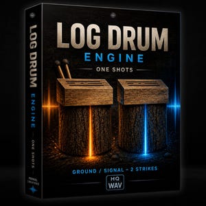 May include: A product box for Log Drum Engine One Shots featuring two wooden log drums with orange and blue light accents. The text reads Log Drum Engine One Shots, Ground / Signal - 2 Strikes, and HQ WAV. Two drum mallets rest on the left drum.