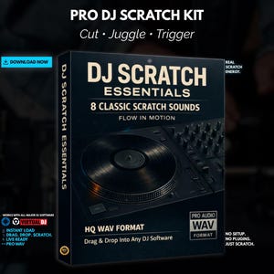 Peut inclure: Boîte de produit bleu foncé pour un kit Pro DJ Scratch. Elle affiche les mots "DJ Scratch Essentials" et "8 Classic Scratch Sounds". On y voit un graphique de platine et le texte "HQ WAV Format".