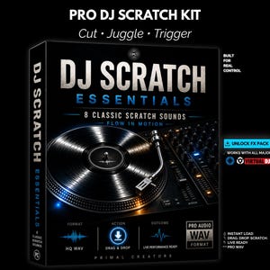 May include: A black box with the text "DJ Scratch Essentials" and "Pro DJ Scratch Kit" featuring a turntable and a DJ mixer. The box advertises 8 classic scratch sounds and is compatible with major DJ software.