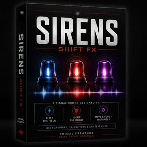 Puede incluir: Una caja de producto rectangular negra titulada SIRENS SHIFT FX. El frente presenta tres luces de señal brillantes en azul, rojo y morado sobre un gráfico de onda sonora. El texto incluye 3 SIGNAL SIRENS DESIGNED TO: SHIFT THE FIELD, ALERT THE ROOM, MOVE ENERGY INSTANTLY.