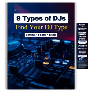 Pode incluir: Um cartaz promocional com o texto "9 Tipos de DJs" e "Encontre o seu tipo de DJ". A imagem apresenta um close-up de uma mesa de mistura de DJ com vários botões e controles deslizantes, e um painel menor listando diferentes tipos de DJ.