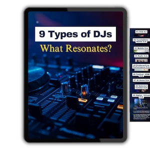 May include: A digital tablet displaying a document titled 9 Types of DJs What Resonates? with a background image of a professional DJ mixing console. A vertical list of nine numbered DJ categories is shown to the right of the main tablet screen.