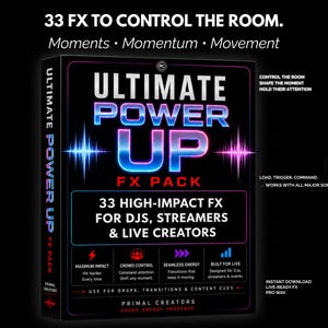 Peut inclure: Une boîte noire avec le texte "ULTIMATE POWER UP FX PACK" en bleu et rose. La boîte annonce 33 effets spéciaux à fort impact pour les DJ, les streamers et les créateurs en direct. Le texte supplémentaire comprend "Control the Room" et "Instant Download".