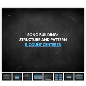 以下が含まれることがあります： 「SONG BUILDING: STRUCTURE AND PATTERN」というタイトルと、「8-COUNT CENTERED」というサブタイトルが白と青のテキストで表示された、黒板スタイルの暗いプレゼンテーションスライド。いくつかの小さなスライドが下に表示されています。