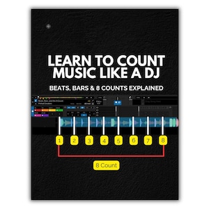 May include: A black instructional poster titled LEARN TO COUNT MUSIC LIKE A DJ: BEATS, BARS & 8 COUNTS EXPLAINED. It features a digital audio workstation interface with a waveform display, eight yellow numbered boxes, and a red bracket labeled 8 Count.