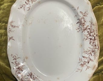 アンティークのアイアンストーン製大皿、J. H. W & Sons製、茶色の花柄転写プリント、楕円形