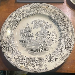Antique black and white transferware plate, large, chinoiserie scene