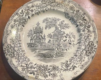 Antique black and white transferware plate, large, chinoiserie scene