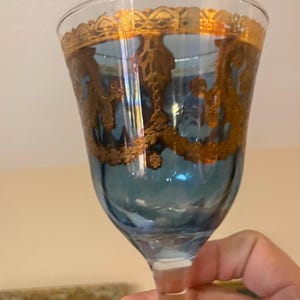 Vintage Murano glass basket, handblown and handpainted, blue with gold and floral accents