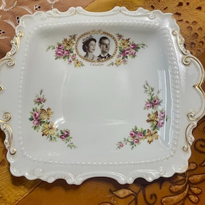 Vintage Royal Albert candy dish, commemorative dish, 1959 Queen Elizabeth II and Prince Phillip, Canada